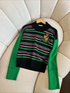 J.W. Anderson Green-Sleeve Striped Crewneck with Crest Patch
